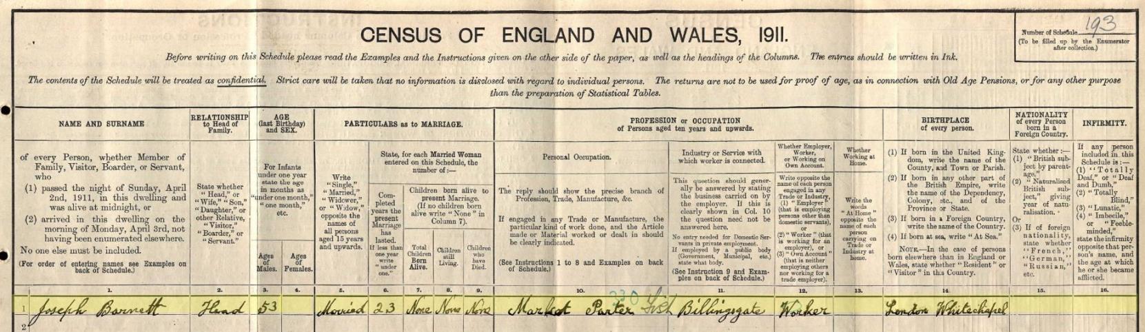 Joseph Barnett 1911 census