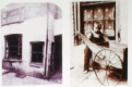 Comparison photo of common Millers Court image beside a pic taken in 1889 depicting a child  playing with a cart in front of Mary's old room.